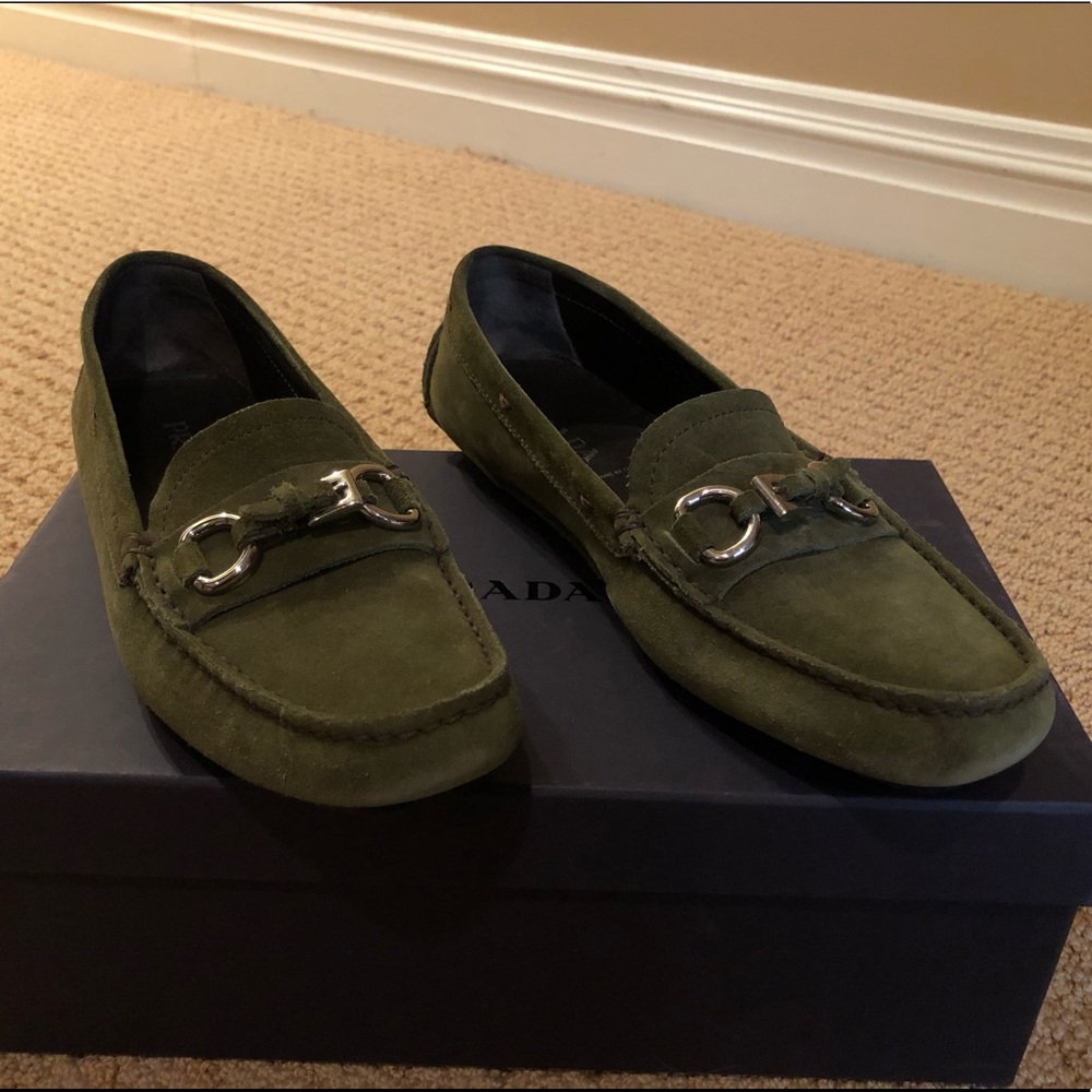 Prada Green Suede Loafers with Silver Buckle
